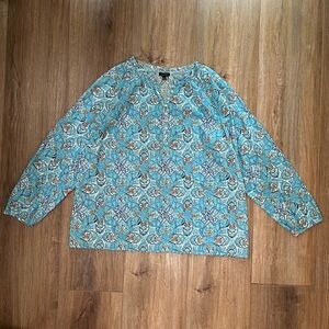 Light/ Dark Turquoise Talbots Three-Quarter-Sleeve Blouse
